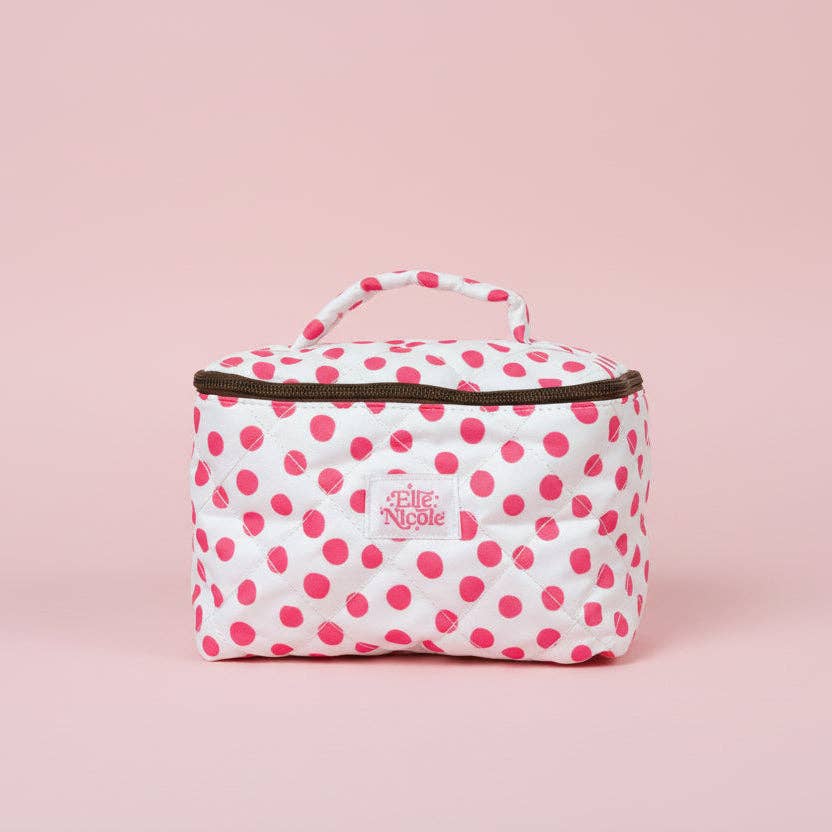 Quilted Handle Cosmetic Bag - Pink Polka Dots