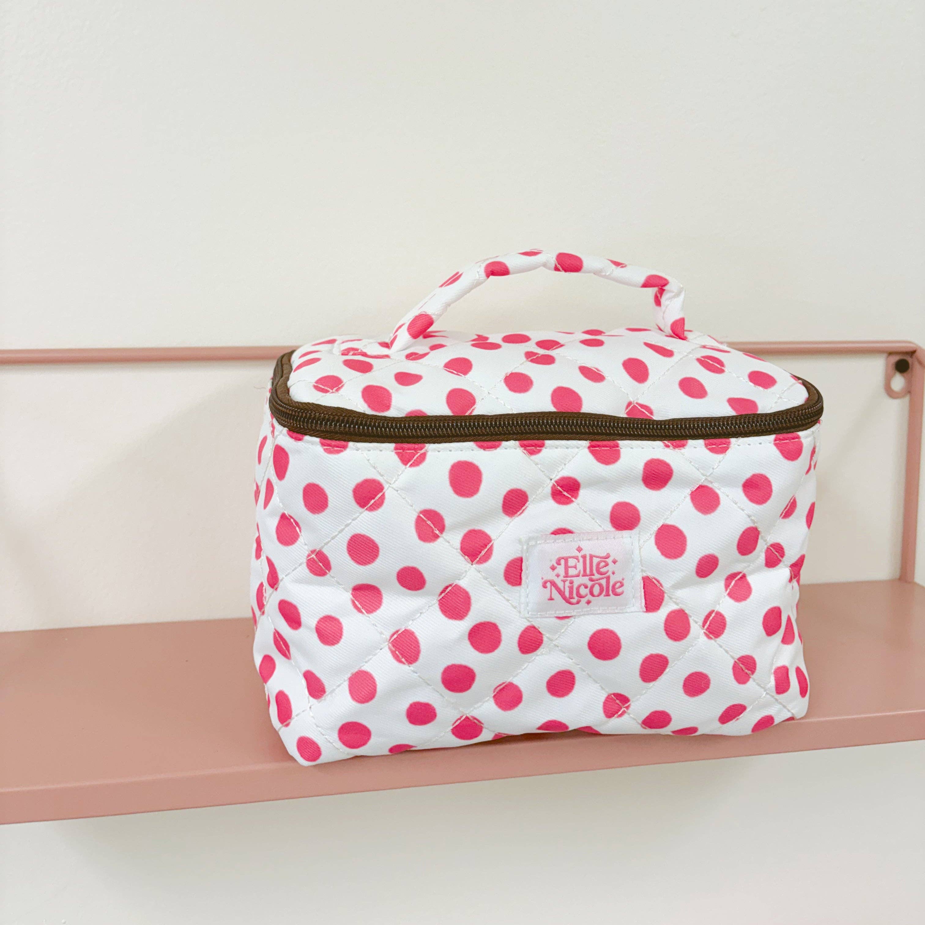 Quilted Handle Cosmetic Bag - Pink Polka Dots
