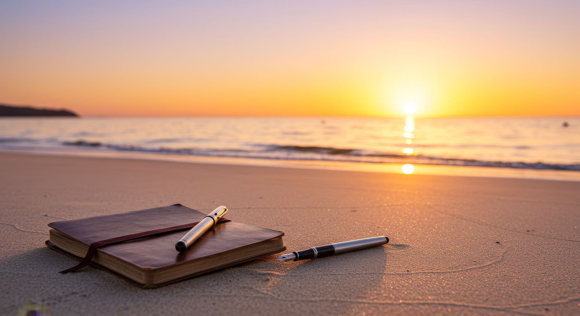 Open notebook and pen on a sandy beach with a sunset in the background