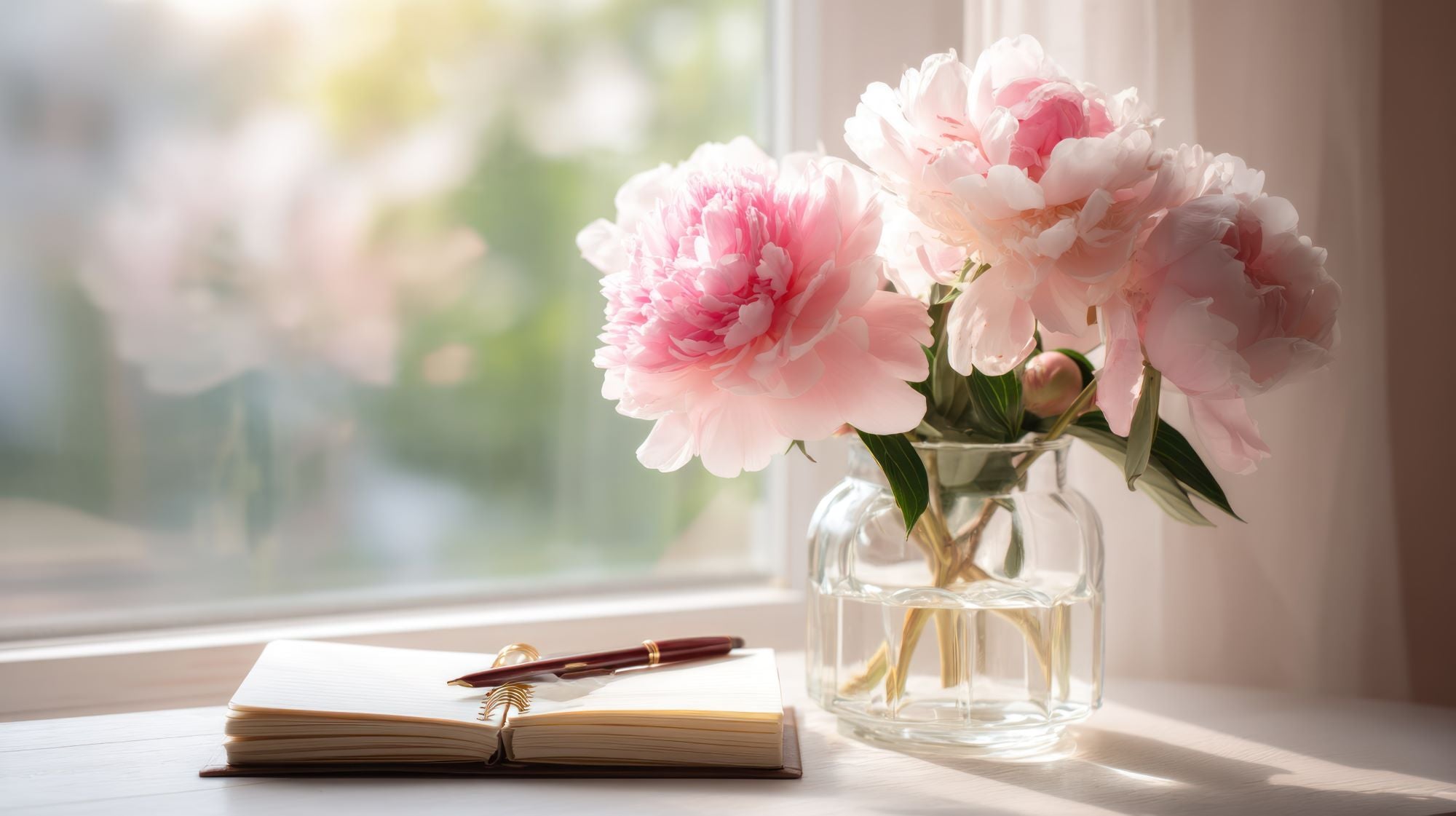 Pink flowers in a vase on a windowsill with a notebook and pen.