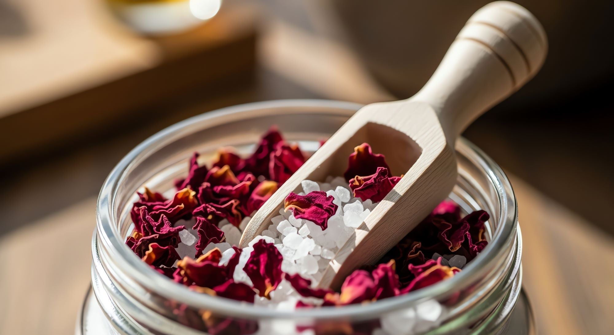 Jar of bath salts with dried flowers and a wooden scoop on a wooden surface.