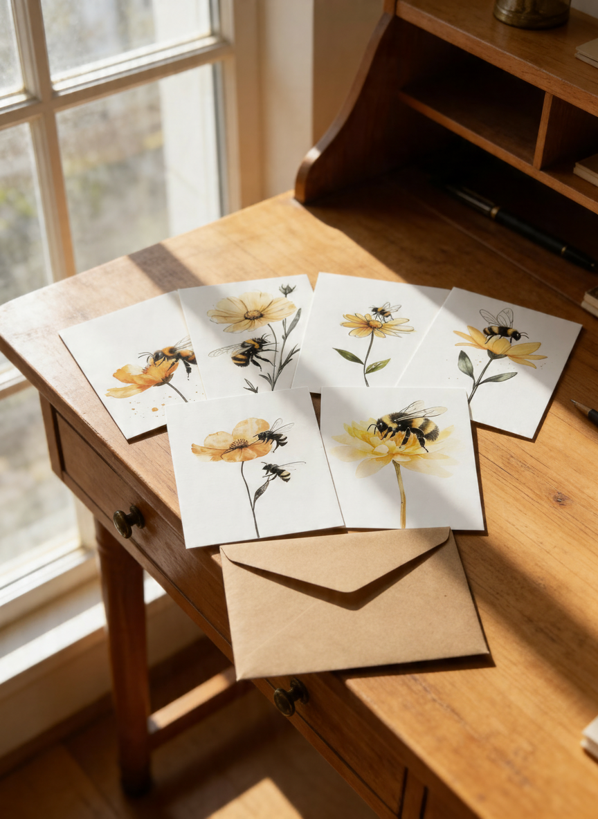 Bee & Floral Watercolor Note Card Set