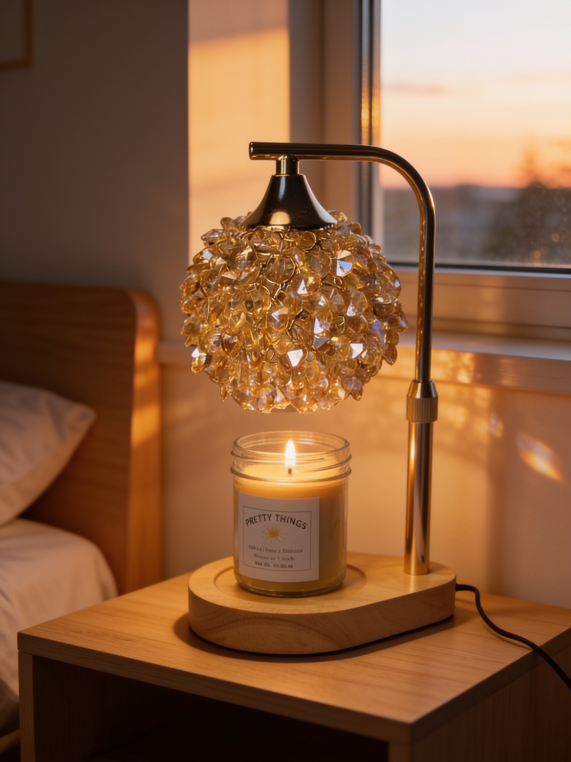 Amber crystal candle warmer lamp with warm glowing light