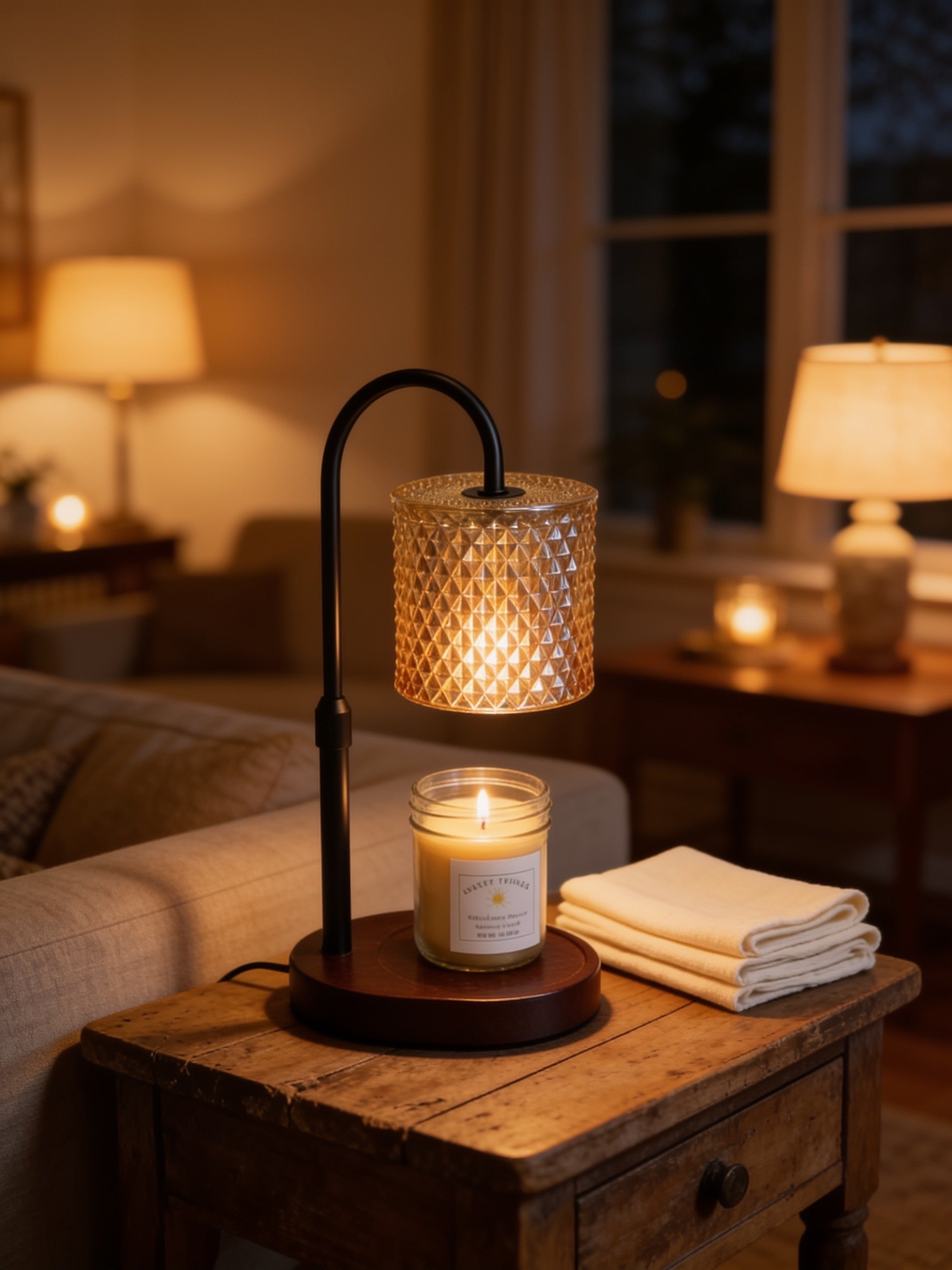 Gold beveled glass candle warmer lamp with walnut wood base and black metal arm