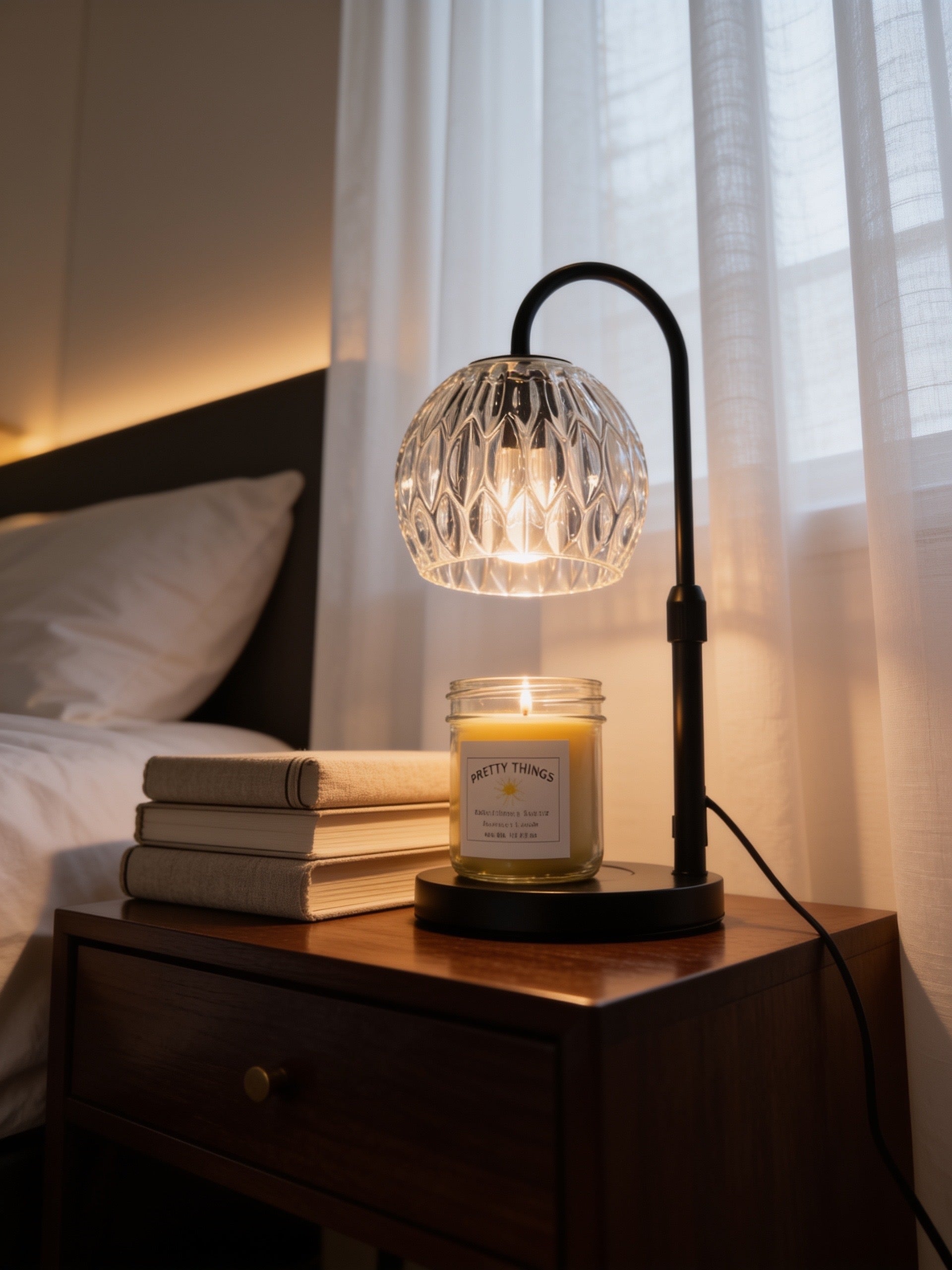 Beveled glass candle warmer lamp with round glass shade and black metal base