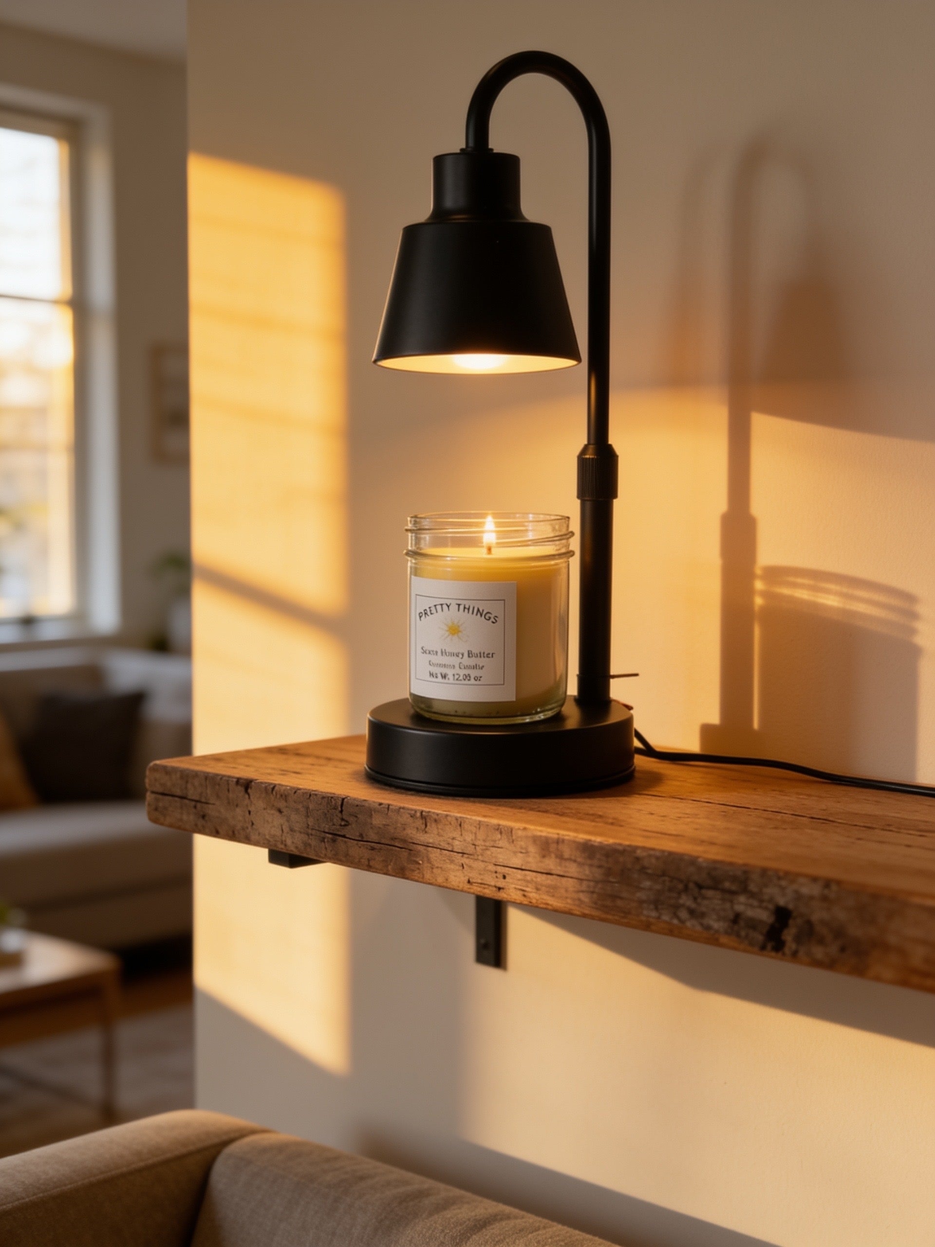 Black rustic adjustable candle warmer lamp with compact design and built-in timer